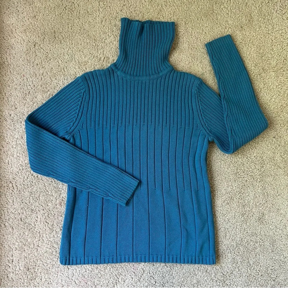 Karen Scott Sport Cotton Teal Ribbed Turtle Smock Neck Sweater Long Sleeve Small - Picture 5 of 10